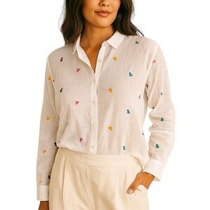 NWT Ann Taylor LOFT Size XXL Sheer Button Up Embroidered Bicycle 100% Cotton